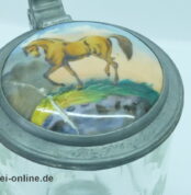 Biedermeier Krug KRONE | Glaskrug mit Zinndeckel und Porzellaneinlage