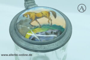 Biedermeier Krug KRONE | Glaskrug mit Zinndeckel und Porzellaneinlage