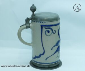 Antiker Westerwälder Steinzeug Krug | Walzenkrug Salzglasiert mit kobaltblauer Bemalung und Zinndeckel