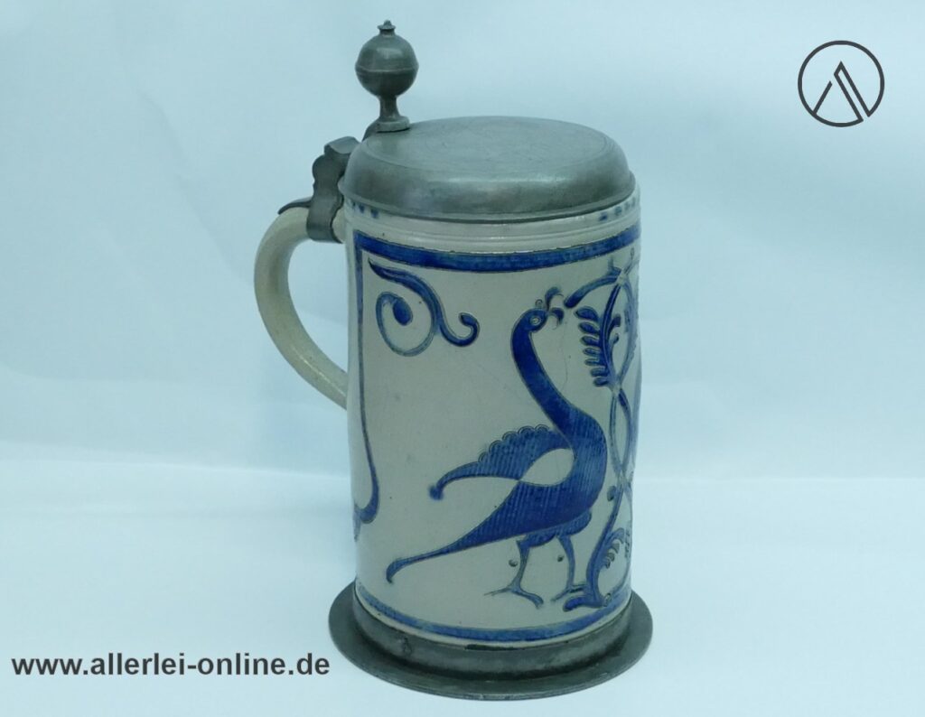 Westerwald Steinzeug Krug | Walzenkrug Salzglasiert mit kobaltblauer Bemalung und Zinndeckel