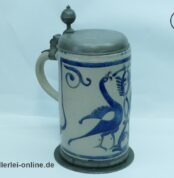 Westerwald Steinzeug Krug | Walzenkrug Salzglasiert mit kobaltblauer Bemalung und Zinndeckel