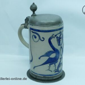 Westerwald Steinzeug Krug | Walzenkrug Salzglasiert mit kobaltblauer Bemalung und Zinndeckel